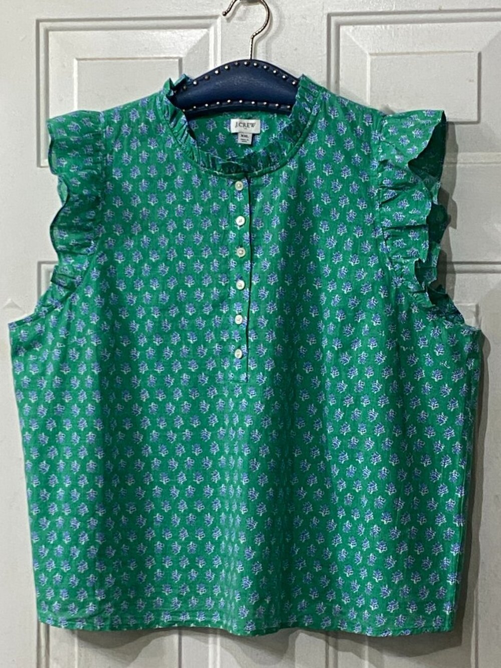NWT J.Crew Sz 2XL Blouse Popover Flutter Sleeve Green/Blue/White Floral